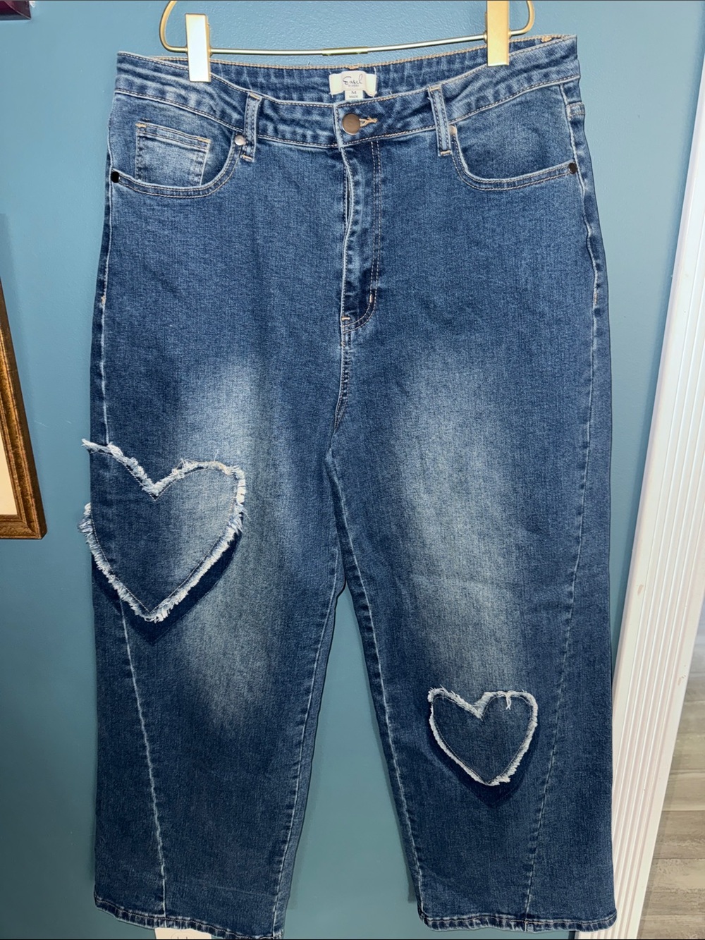 easel Blue Boyfriend Jeans with Frayed Heart Patches